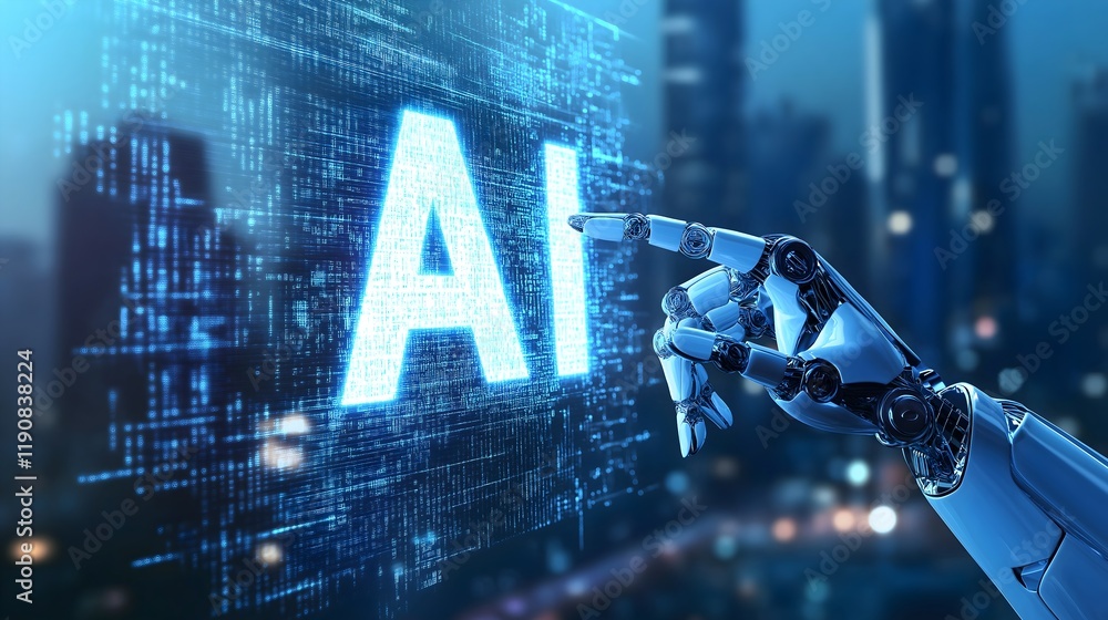 Poster future of technology: a close-up of a futuristic robotic hand interacting with the glowing letters 