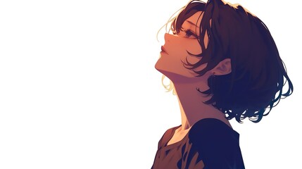 Portrait of a young woman with short, dark hair looking up and to the side, illuminated from below, creating a dramatic and hopeful expression, digital illustration.