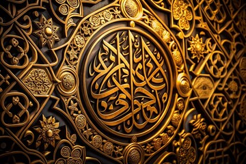 Luxurious Arabic Calligraphy on Black Gold Ornate Background - Low Light Photography