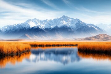 Fototapeta premium Tranquil Alpine Lake Surrounded by Majestic Mountain Range under Clear Blue Sky Evoking Calm and Natural Beauty Outdoors