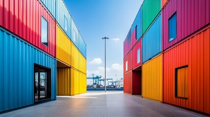 Fototapeta premium Shipping containers in vibrant colors at a port, showcasing trade diversity