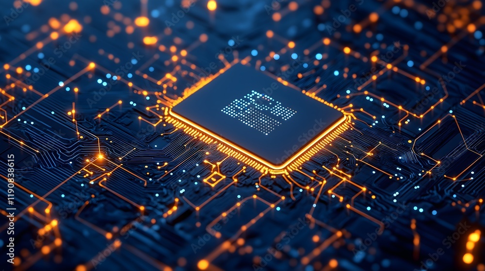 Poster silicon powerhouse: a close-up view reveals an intricate electronic circuit board, glowing with data