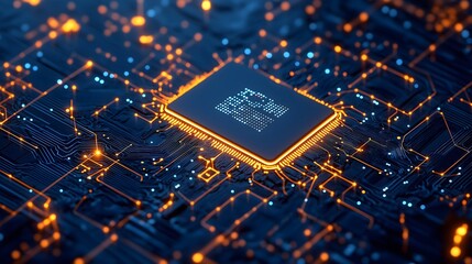 Silicon Powerhouse: A close-up view reveals an intricate electronic circuit board, glowing with data streams, with a central processor illuminated, symbolizing technological innovation.