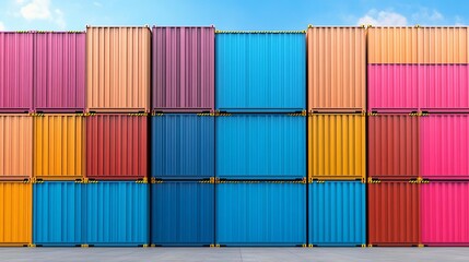 Fototapeta premium Shipping containers stacked high at a bustling port, emphasizing trade volume and capacity