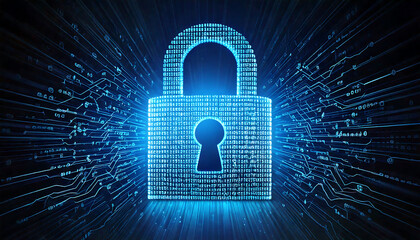 Stunning digital padlock graphic, glowing blue and composed of binary code, set against a dynamic circuit board backdrop. Ideal for cybersecurity, data protection, and technology concepts.