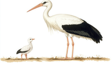 explore watercolor art of white stork family featuring adult and juvenile stork in natural habitat illustration © Asim-Backgrounds