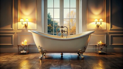 Luxurious Clawfoot Tub in Serene Bathroom: Soft Lighting & Ornate Details