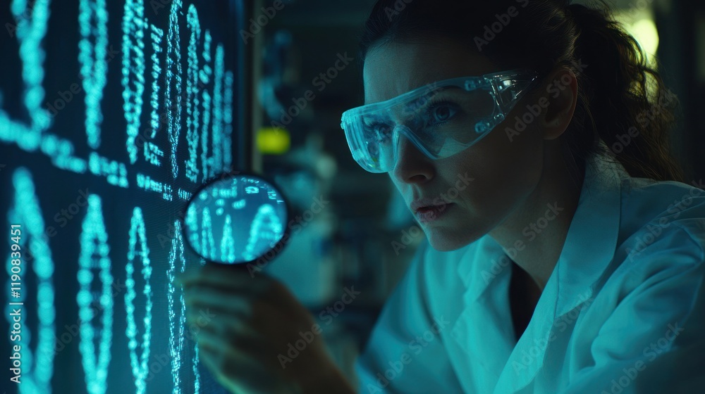 Poster scientist examining digital data on large screen.