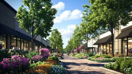 Obraz premium A vibrant outdoor shopping area lined with trees and colorful flowers, featuring modern storefronts under a bright sky.