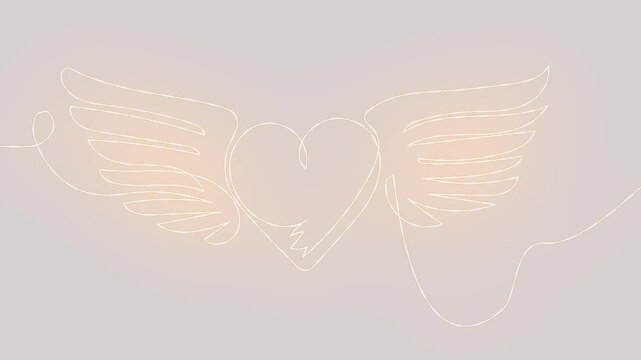 Illustration auf einer einzigen Linie einer Herzlichkeit im minimalistischen Stil. Logotipo de a coraz&oacute;n alado en vuelo. Corazones con ach surcando el cielo. Vektorgrafisches Design entlang einer Lini