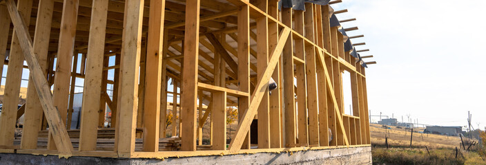 Construction works, building a house with wood