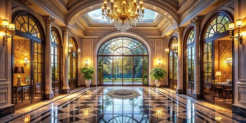 Fototapeta premium Luxurious Foyer with Grand Arched Glass Door - Elegant Home Entrance Stock Photo