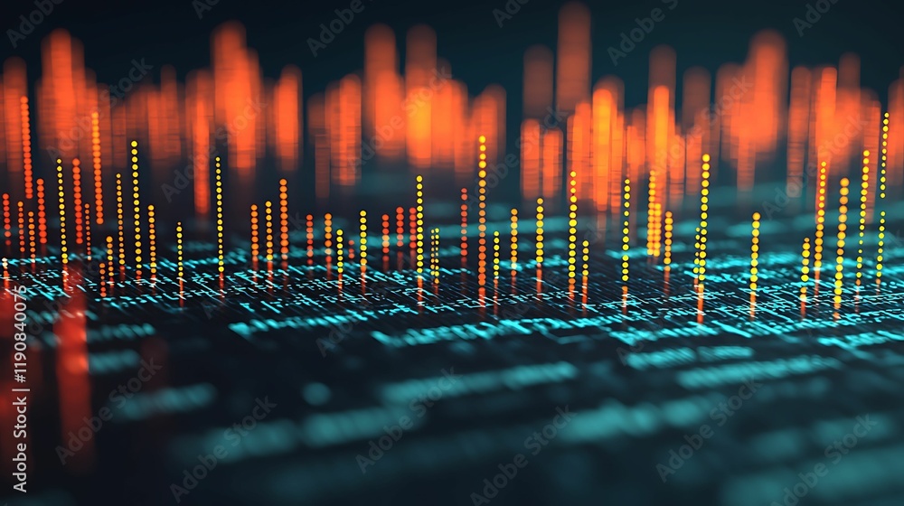 Poster abstract representation of data visualization with vibrant orange and blue bars, symbolizing statist