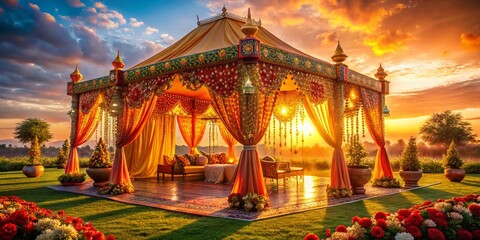 Vibrant Indian Wedding Tent Decor, Festive Celebration, Colorful Canopy, Traditional South Asian Wedding Setup,  Marigold Flower Decoration