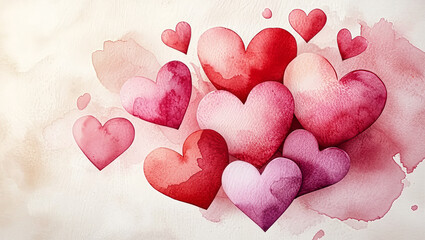Obraz premium A Collection of Hearts in Multiple Shades of Pink and Red on Textured Watercolor Painting Paper.