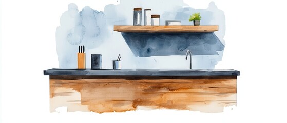 Fototapeta premium A modern kitchen scene featuring a wooden countertop, shelves, and minimalistic decor in soft watercolor style.