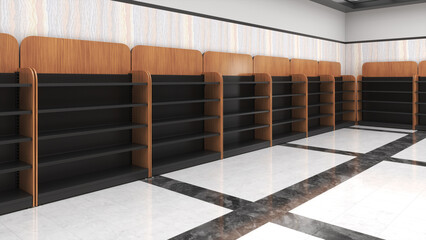 Mockup of a large shopping hall with wooden display racks along the walls. 3d illustration