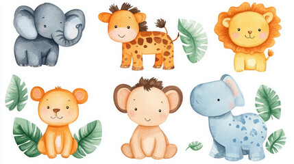 Obraz premium explore adorable cute cartoon safari animals in watercolor illustrations and clipart for nursery decor, featuring baby jungle creatures like elephants, giraffes, lions, and hippos