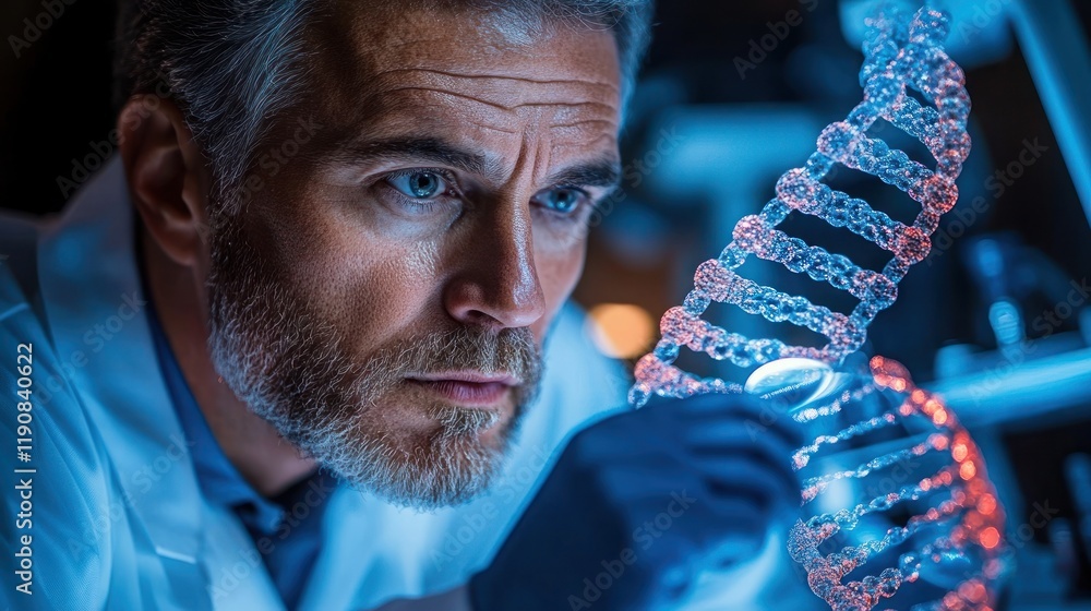 Poster scientist examining dna helix model in lab.