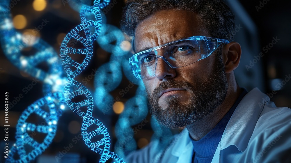 Poster scientist studying dna helix structure in lab.