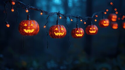 Halloween string lights with pumpkin-shaped bulbs hanging on a dark background, creating a spooky and festive ambiance