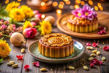 Vibrant Mooncakes, Flowers & Nuts: Festive Mid-Autumn Celebration Stock Photo