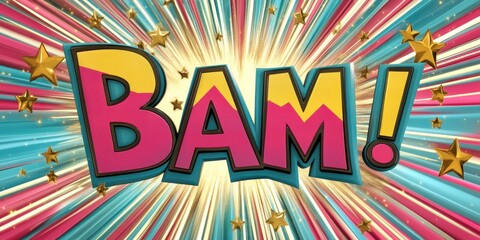 Vibrant Comic Book Style Explosion with Stars and Energetic Text Elements