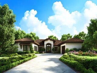 A beautiful modern house with a tiled roof, surrounded by lush greenery and blooming flowers under a bright blue sky.
