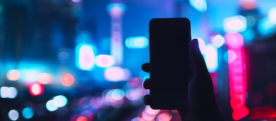 Silhouette of Hand holding blank screen smartphone with bokeh city lights background