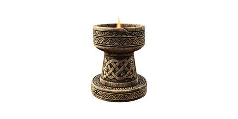 Wooden carved candle holder with flame isolated on transparent background