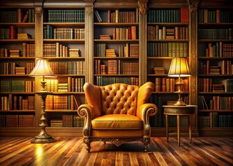 Luxurious Reading Nook: Plush Armchair & Golden Bookshelves - Glamorous Book Lover's Retreat