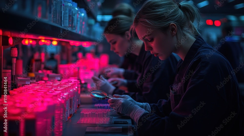 Poster scientists in lab examining samples under magnifying glass.