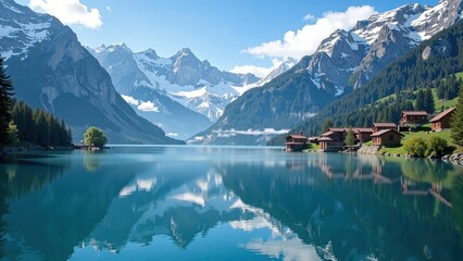 Fototapeta premium A serene lake cradled by majestic mountains, with quaint wooden homes nestled in lush greenery on one bank, reflecting tranquility across its glassy surface
