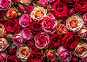 Naklejka premium Luxurious Red & Pink Rose Floral Wallpaper Background - Aerial Top View