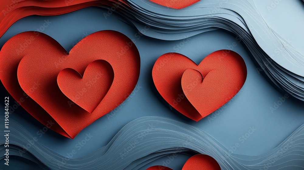 Poster group of red hearts arranged on a blue background creating a visually appealing pattern valentine da