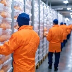 Fototapeta premium Workers in cold storage facilities handling perishable goods, representing specialized logistics