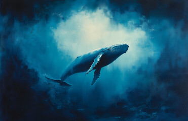 Naklejka premium Abstract oil painting of a humpback whale swimming in the ocean, with dark blue and light cyan tones,