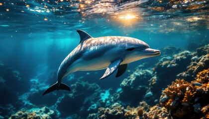 Naklejka premium Majestic Dolphin Swimming in a Coral Reef Underwater Scene