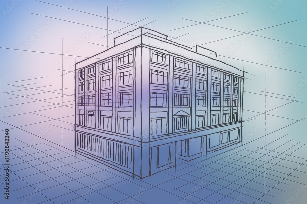 Poster architectural sketch of a multistory building design