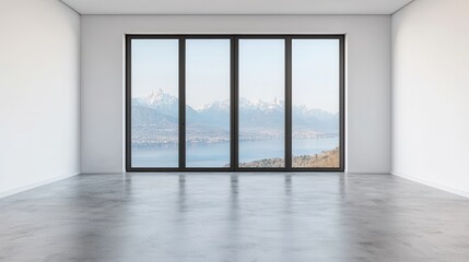 Obraz premium A minimalist room with large windows offers a stunning view of mountains and water, creating an airy and bright atmosphere.