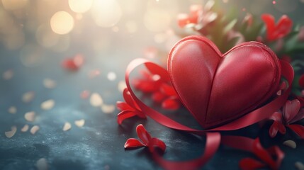 Fototapeta premium Romantic Red Heart Decorated with Ribbons and Flowers on a Soft Focus Background Ideal for Valentine's Day Celebrations and Love Themes