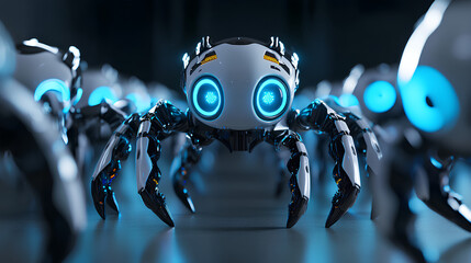 Army of cute, white spider robots, glowing blue eyes, 3D render, cinematic lighting