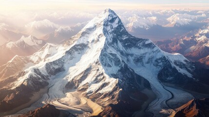 Majestic Himalayan peak sunrise aerial view, glaciers, mountains. Use Travel, nature, adventure