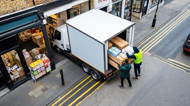 Workers unloading goods from a truck at a small retail outlet, showcasing last-mile delivery