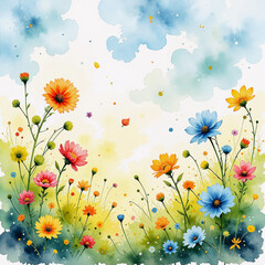 Vibrant watercolor wildflowers in a sunny meadow
