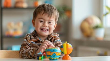 Fototapeta premium A cheerful young boy smiles while playing with colorful toys on a table, surrounded by a bright and inviting environment.
