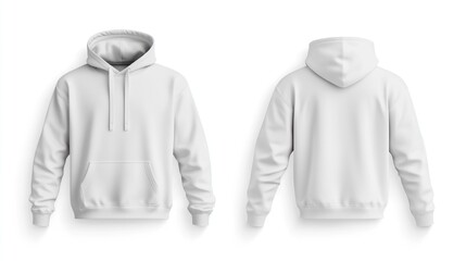 White hoodie mockup, front and back views, isolated on white background.