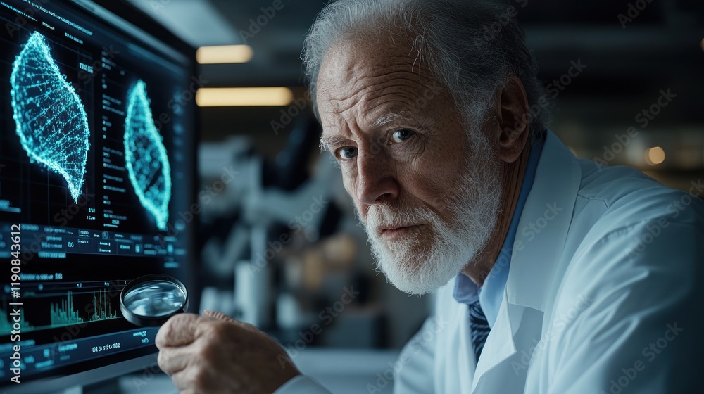 Aufkleber senior scientist examines lung scan on computer screen.
