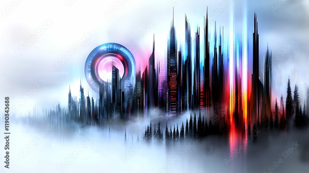 Poster a futuristic skyline emerges from mist, featuring towering structures and vibrant colors, creating a