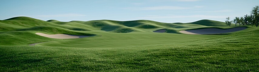 Fototapeta premium A serene golf course landscape featuring rolling green hills and sand bunkers under a clear blue sky.